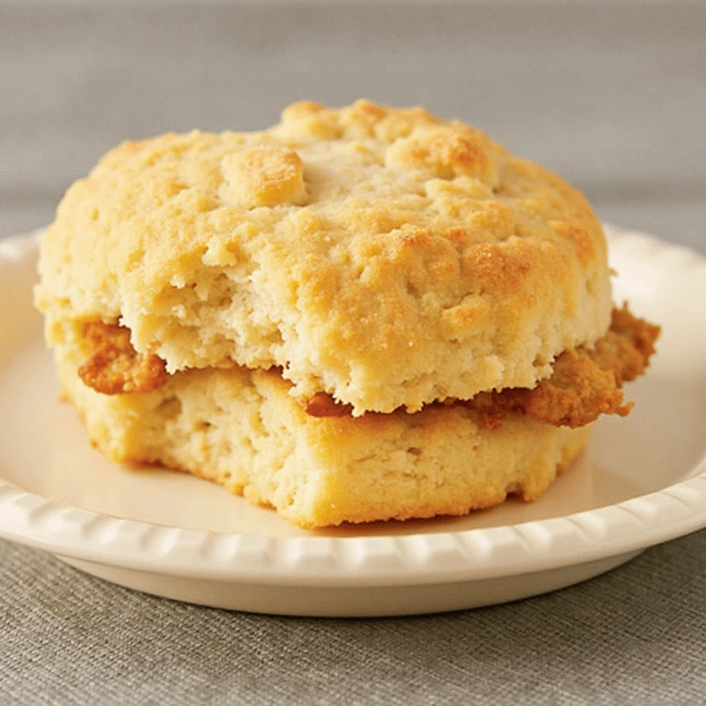 Homemade chicken biscuit topped with honey butter and hot sauce