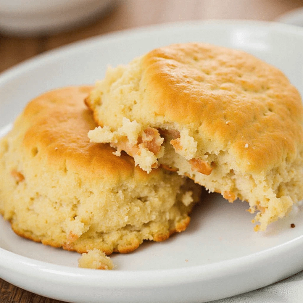 Crispy golden fried chicken on a fluffy homemade biscuit