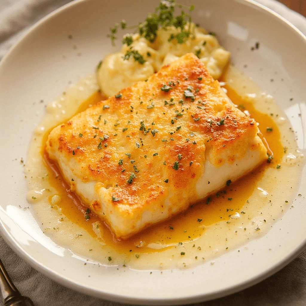 Freshly baked fish fillets with herbs and garlic in a baking dish
