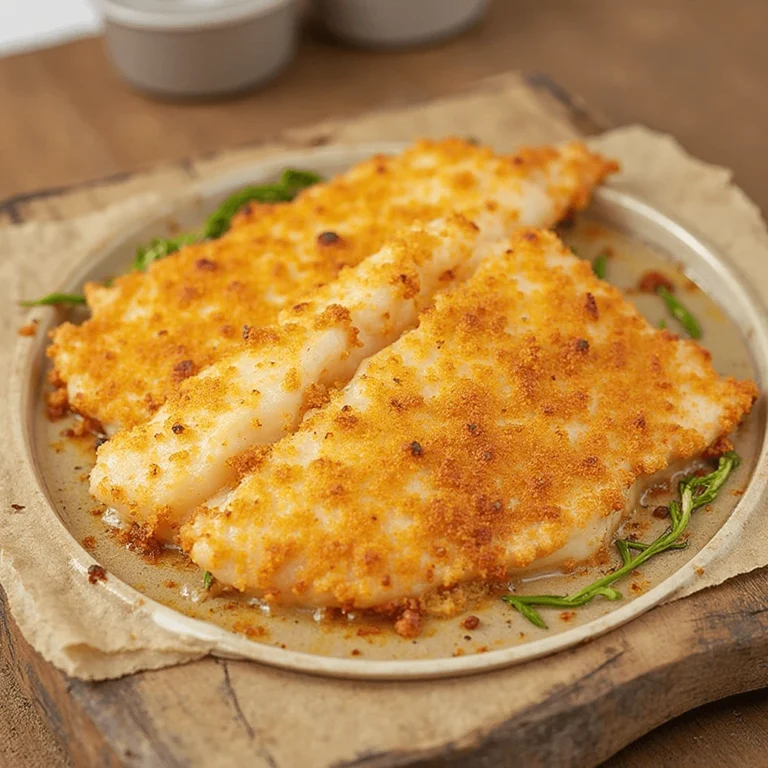 Close-up of a flaky baked fish fillet garnished with parsley