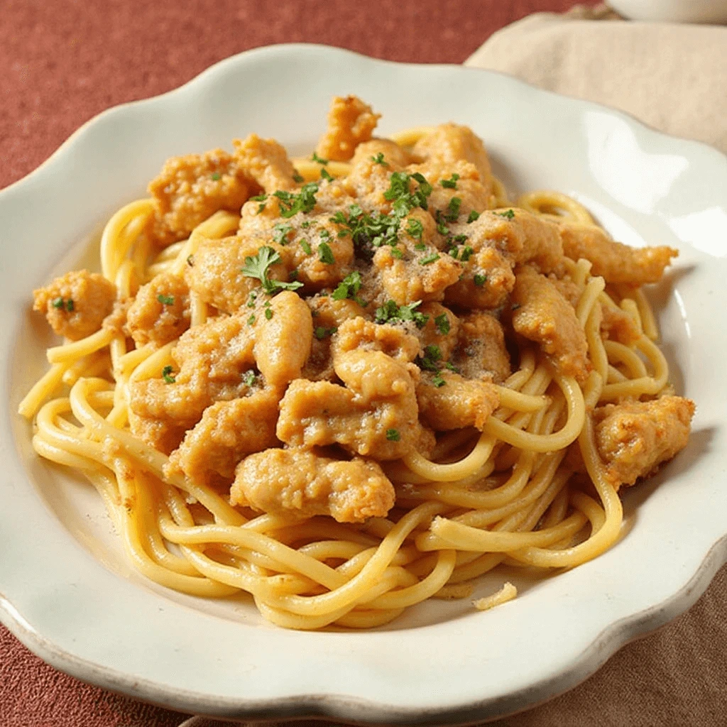 Plated chicken riggies recipe pasta garnished with parsley on a rustic table