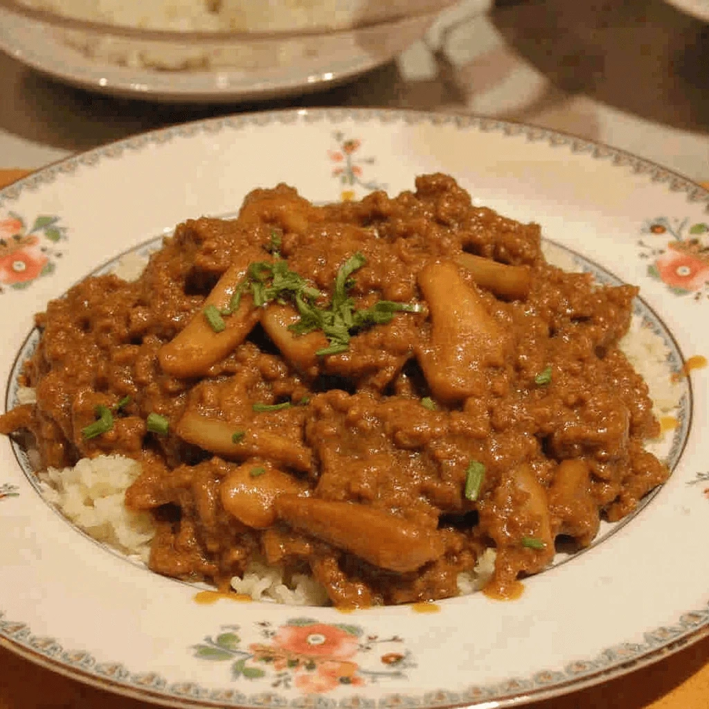 Yoshinoya beef recipe ingredients including beef, soy sauce, mirin, sake, onion, and rice