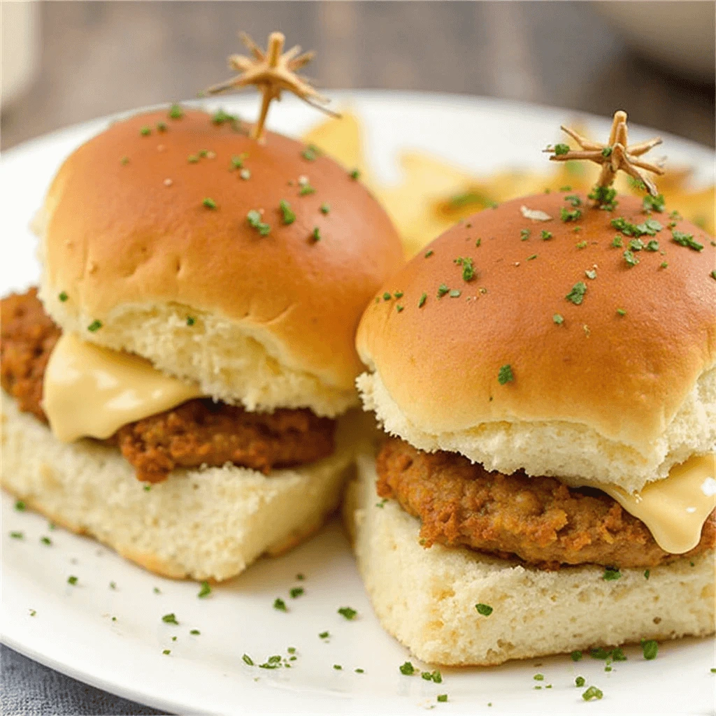 Juicy chicken sliders recipe with melted cheese and fresh lettuce on soft buns