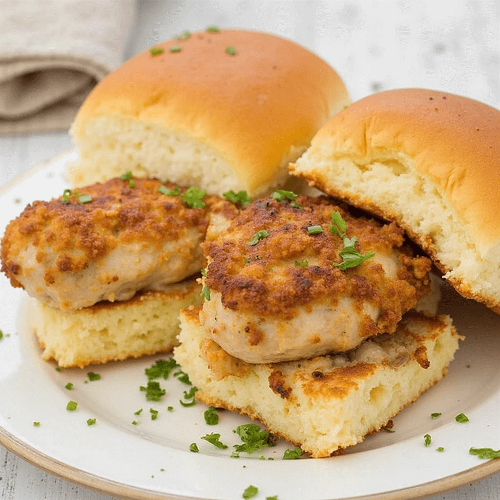 BBQ chicken sliders recipe topped with creamy coleslaw on Hawaiian rolls