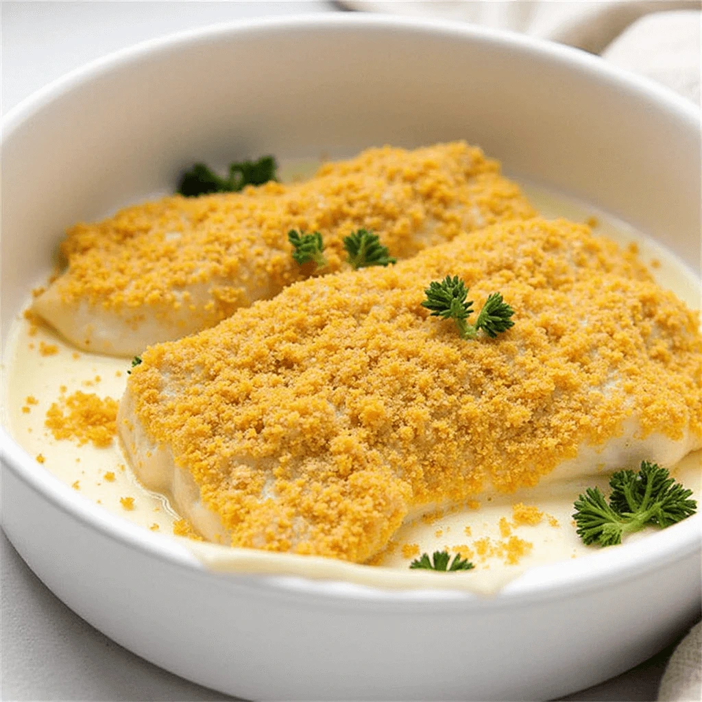 Raw trout fillets being coated for Panko-Crusted Baked Trout Recipe