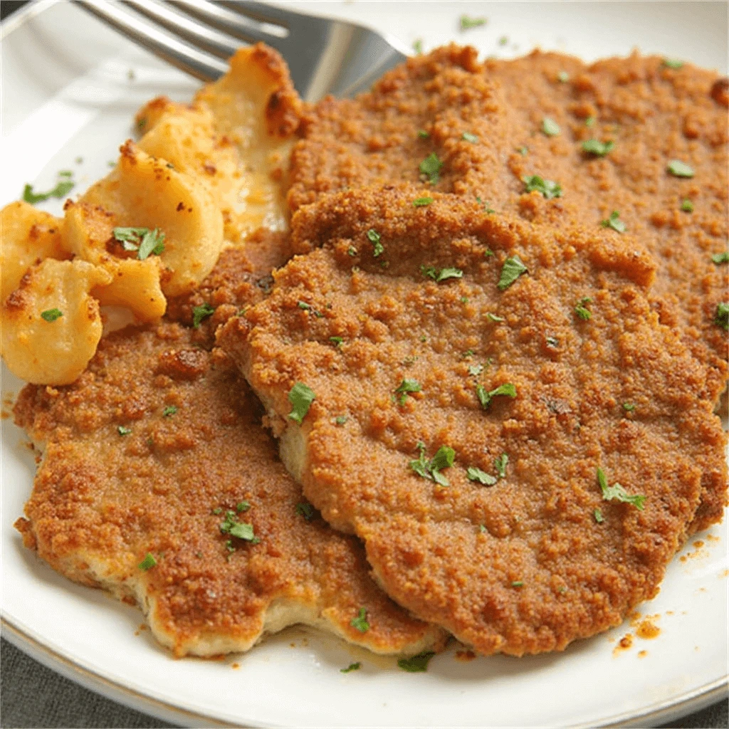 Beef milanesa recipe served with mashed potatoes, salad, and chimichurri sauce