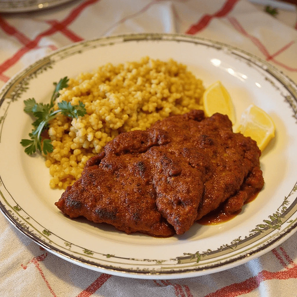 Crispy golden beef milanesa recipe served on a plate with fresh herbs