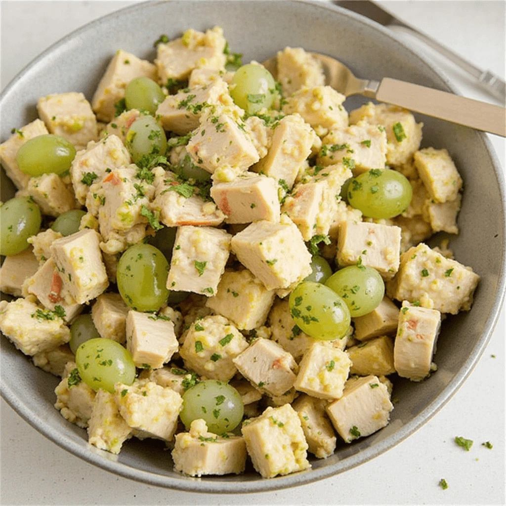 Chicken Salad Chick Grape Salad served with crackers on a table