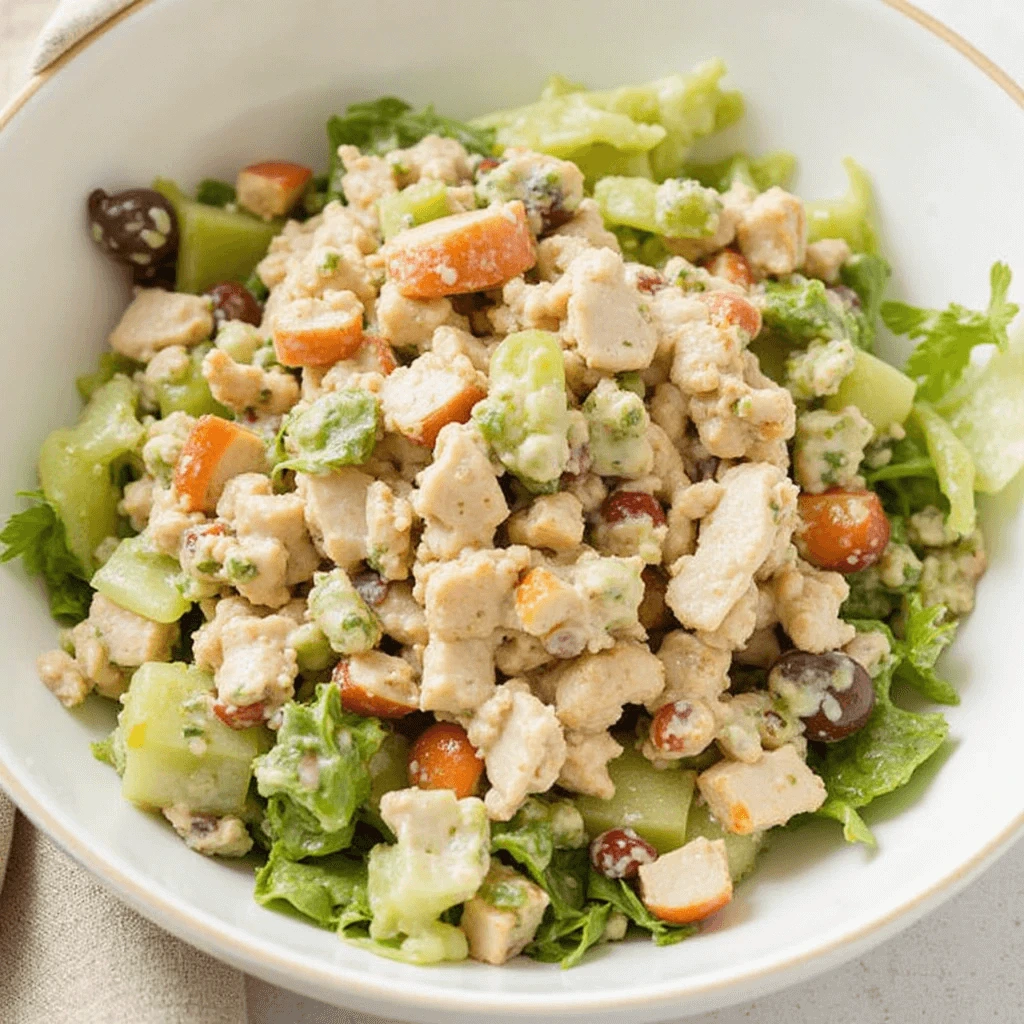 Close-up of Chicken Salad Chick Grape Salad showing grapes, chicken, and pecans