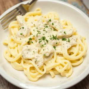 All ingredients for an easy chicken fettuccine Alfredo recipe arranged on a kitchen counter