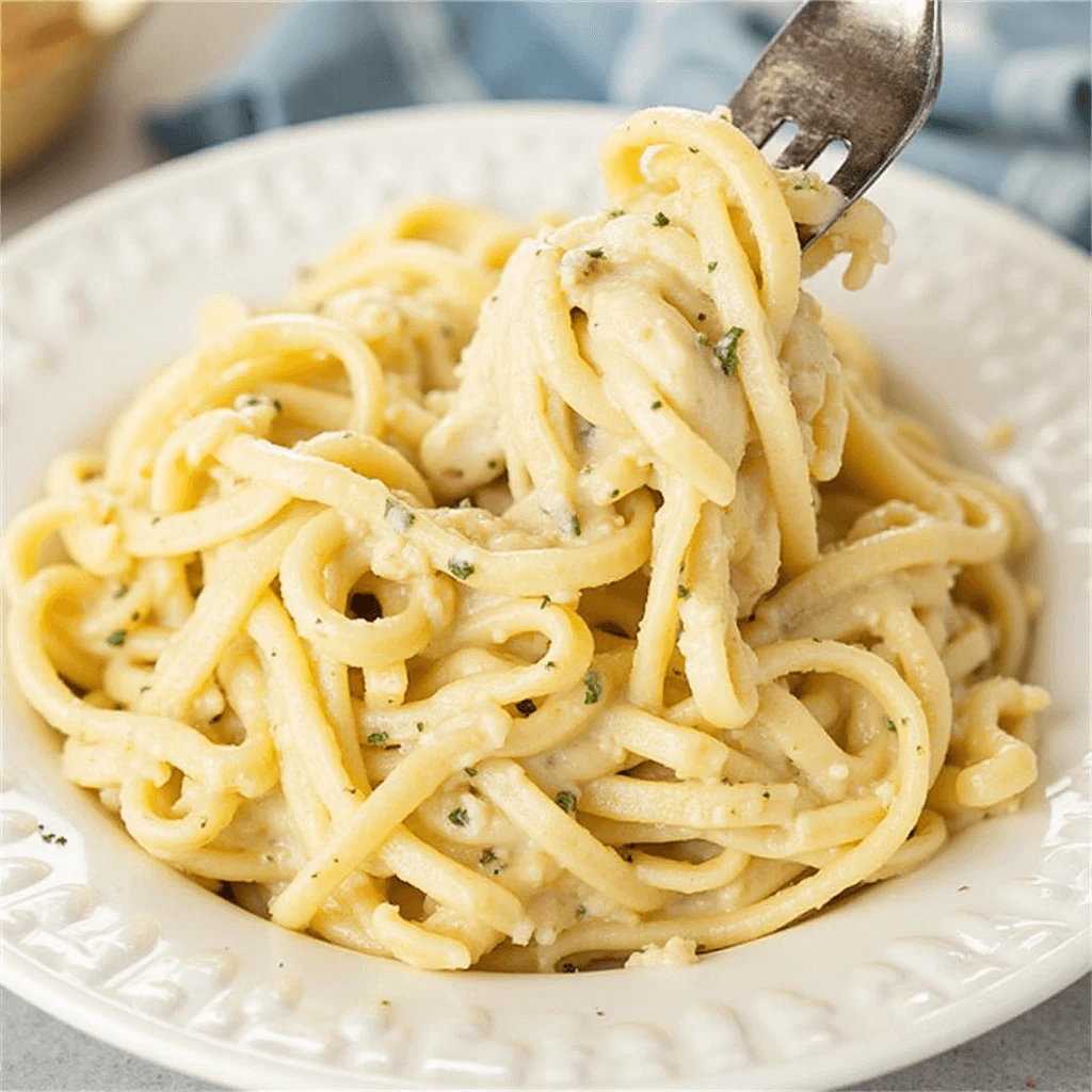 Creamy chicken fettuccine Alfredo served on a white plate from an easy chicken fettuccine Alfredo recipe