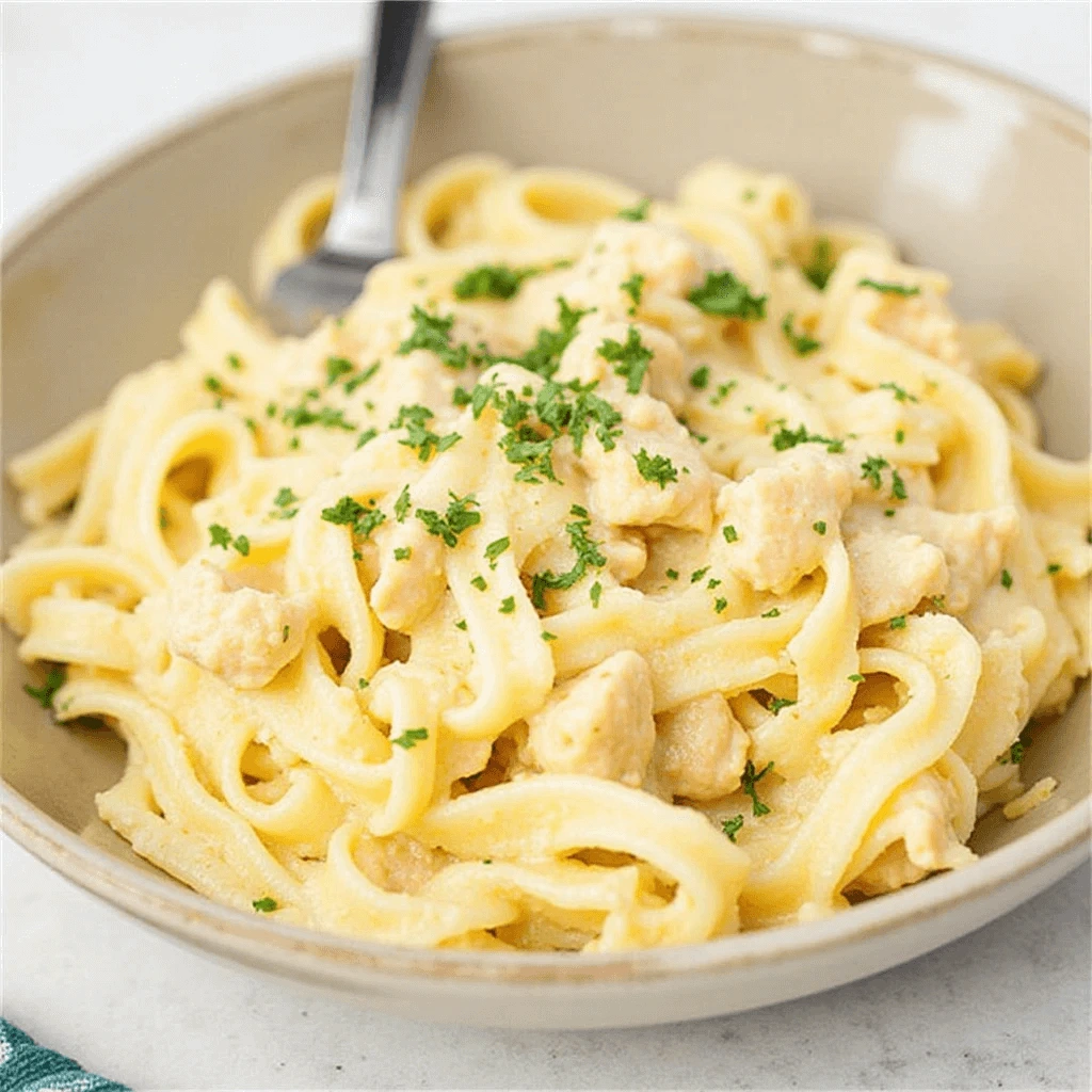 Freshly made Alfredo sauce simmering in a pan for an easy chicken fettuccine Alfredo recipe