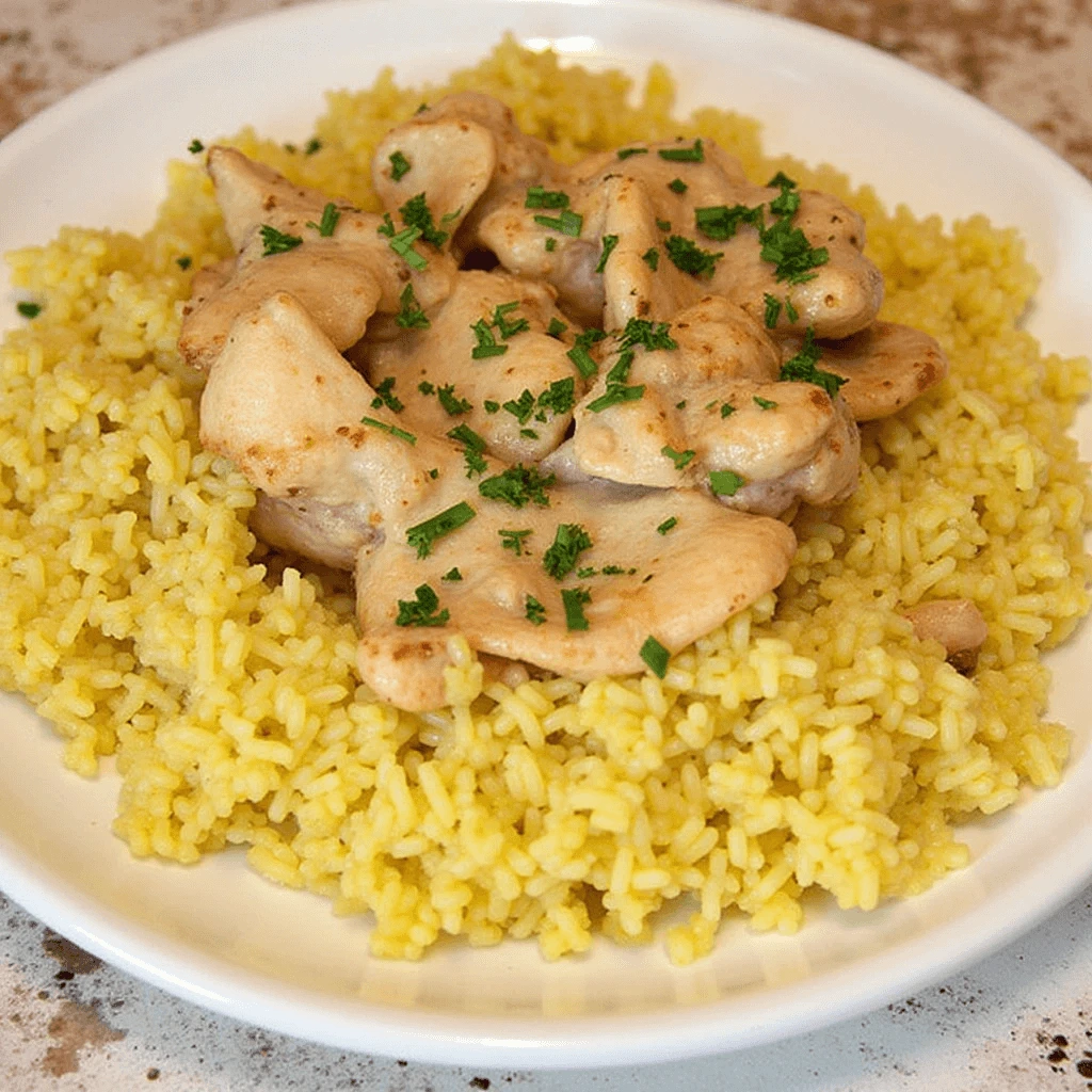 Close-up of golden chicken and yellow rice recipe served on a white plate