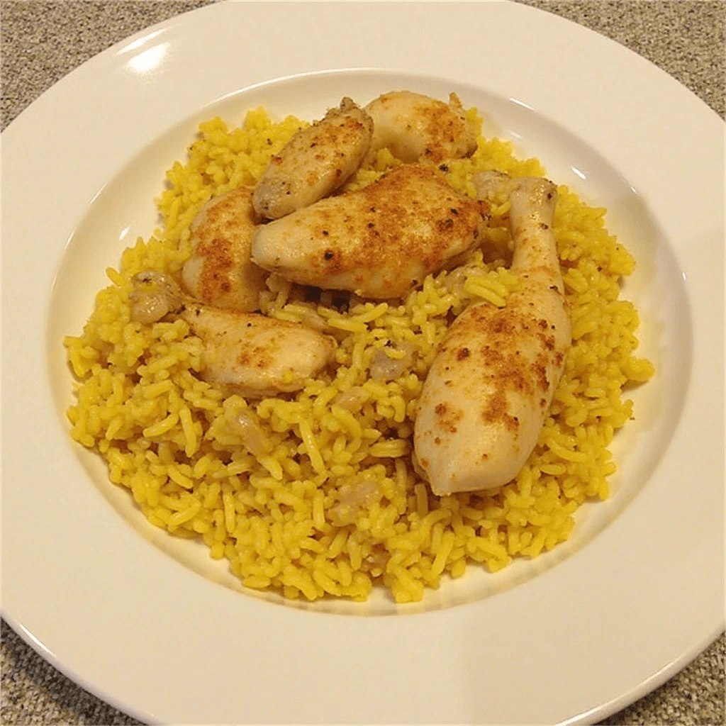 One-pot chicken and yellow rice recipe simmering in a pan