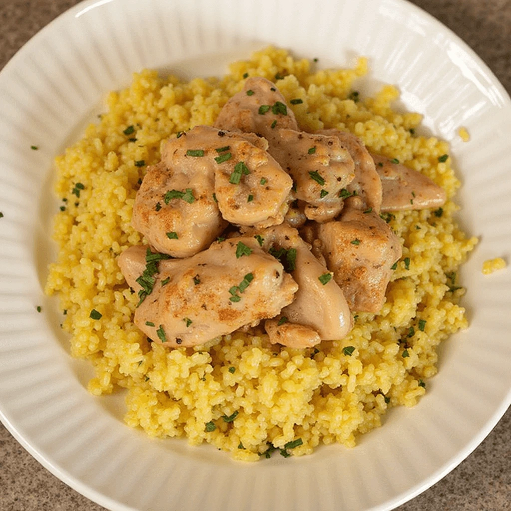 Served chicken and yellow rice recipe garnished with parsley and bell peppers
