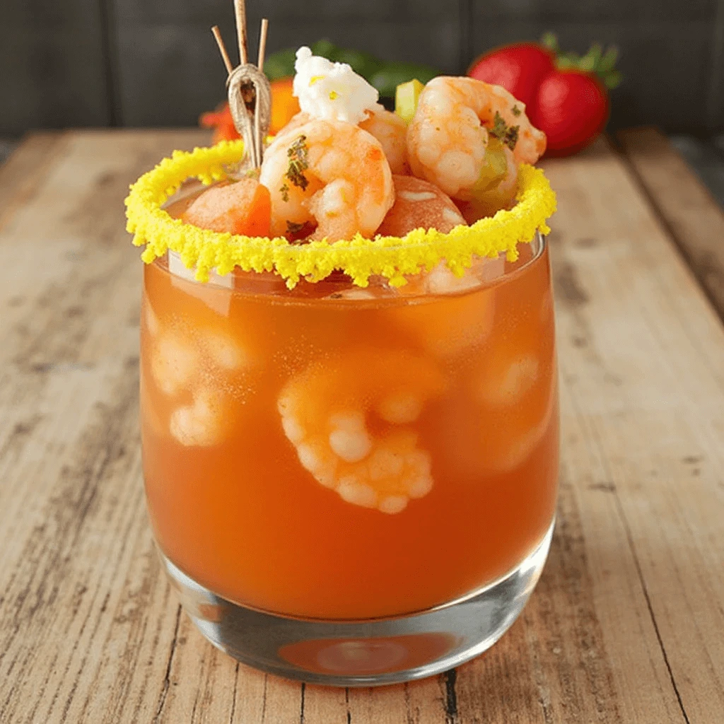 Easy homemade Mexican Shrimp Cocktail with tomato-lime sauce and fresh vegetables