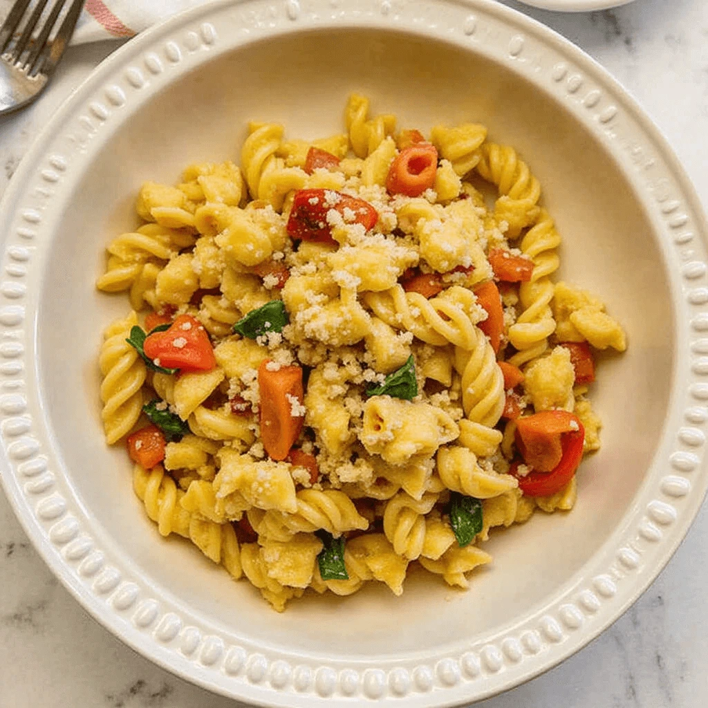 Colorful Italian pasta salad with cherry tomatoes, cucumbers, olives, and mozzarella in a white bowl