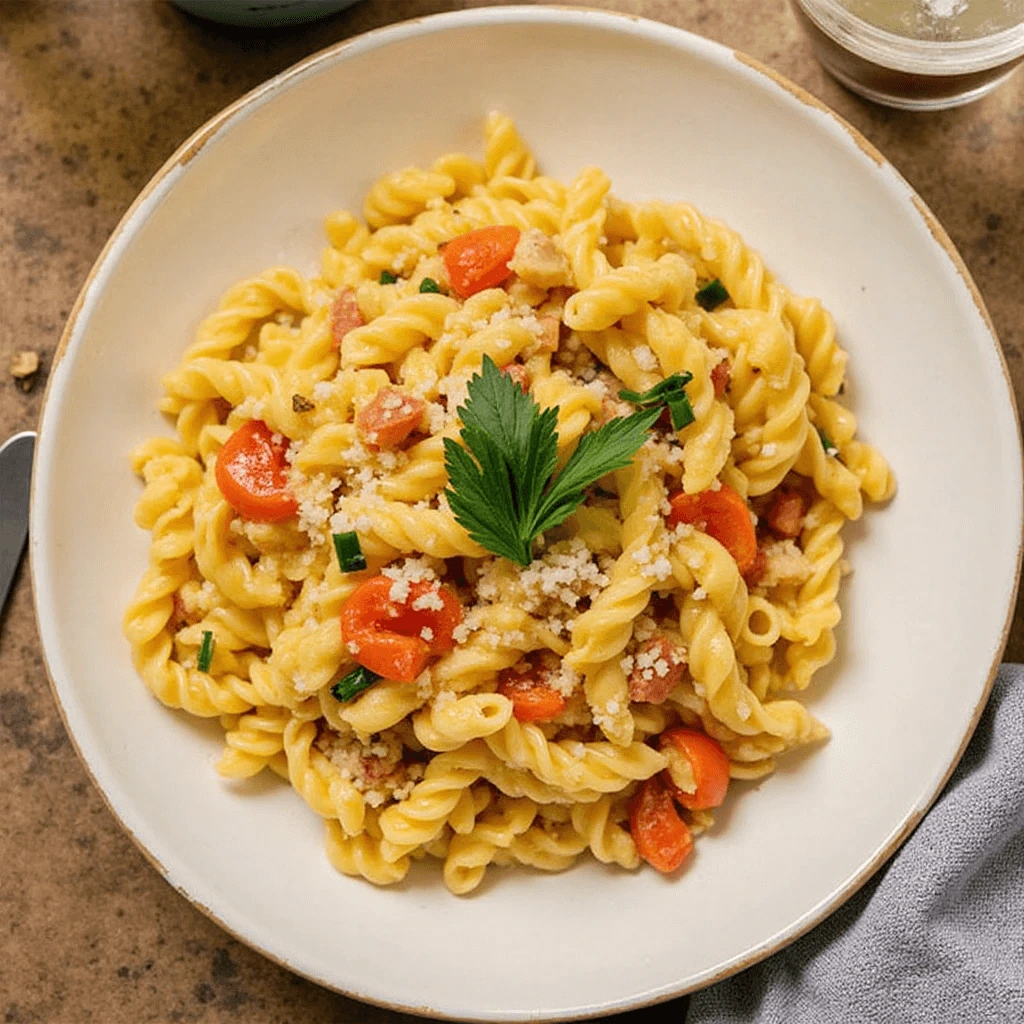 Italian pasta salad served on a picnic table with colorful summer sides