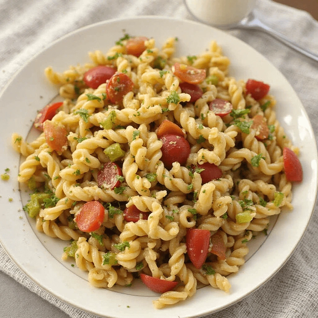 Close-up of Italian pasta salad tossed with Italian dressing and fresh basil