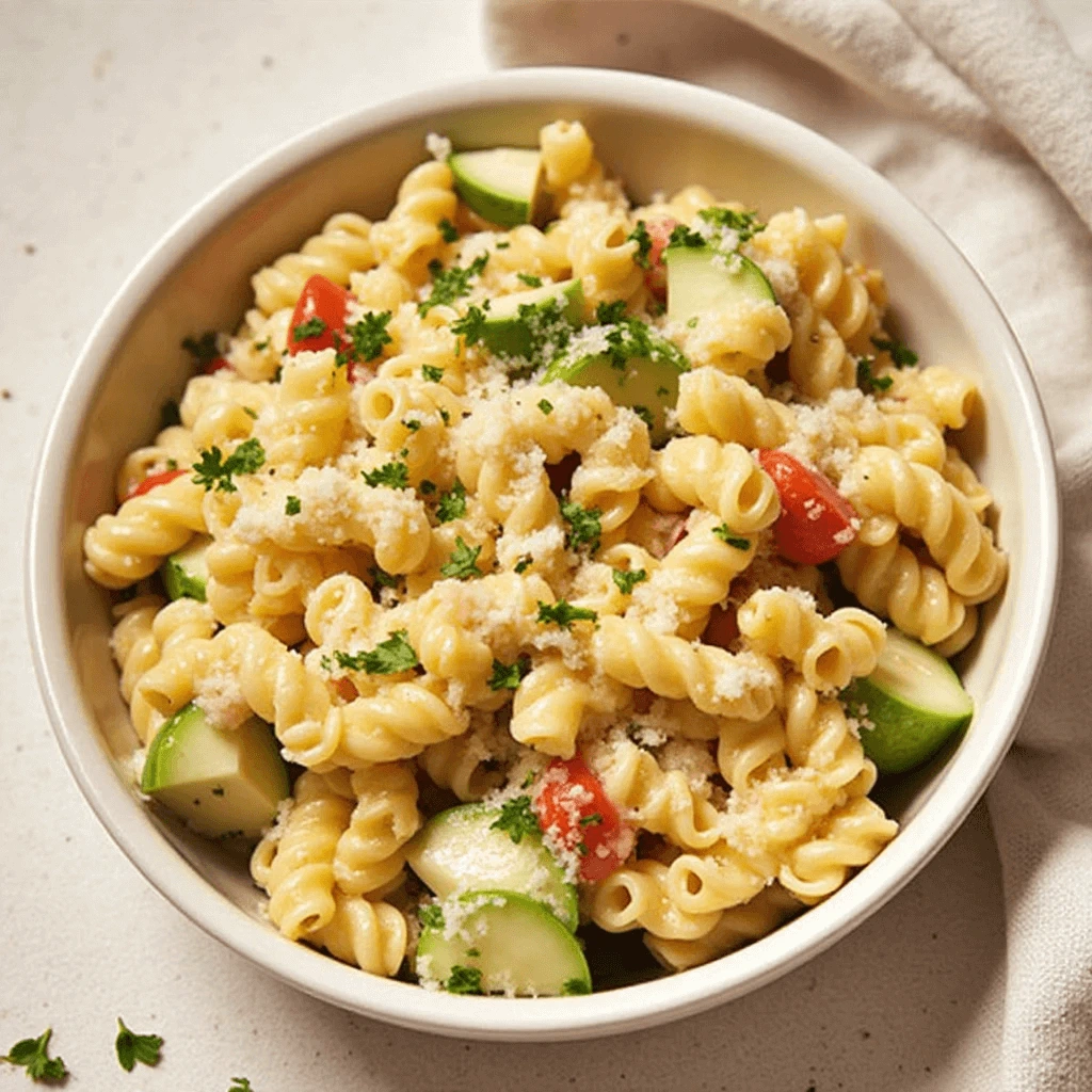 Fresh Greek pasta salad with cherry tomatoes, cucumbers, feta, and olives in a serving bowl
