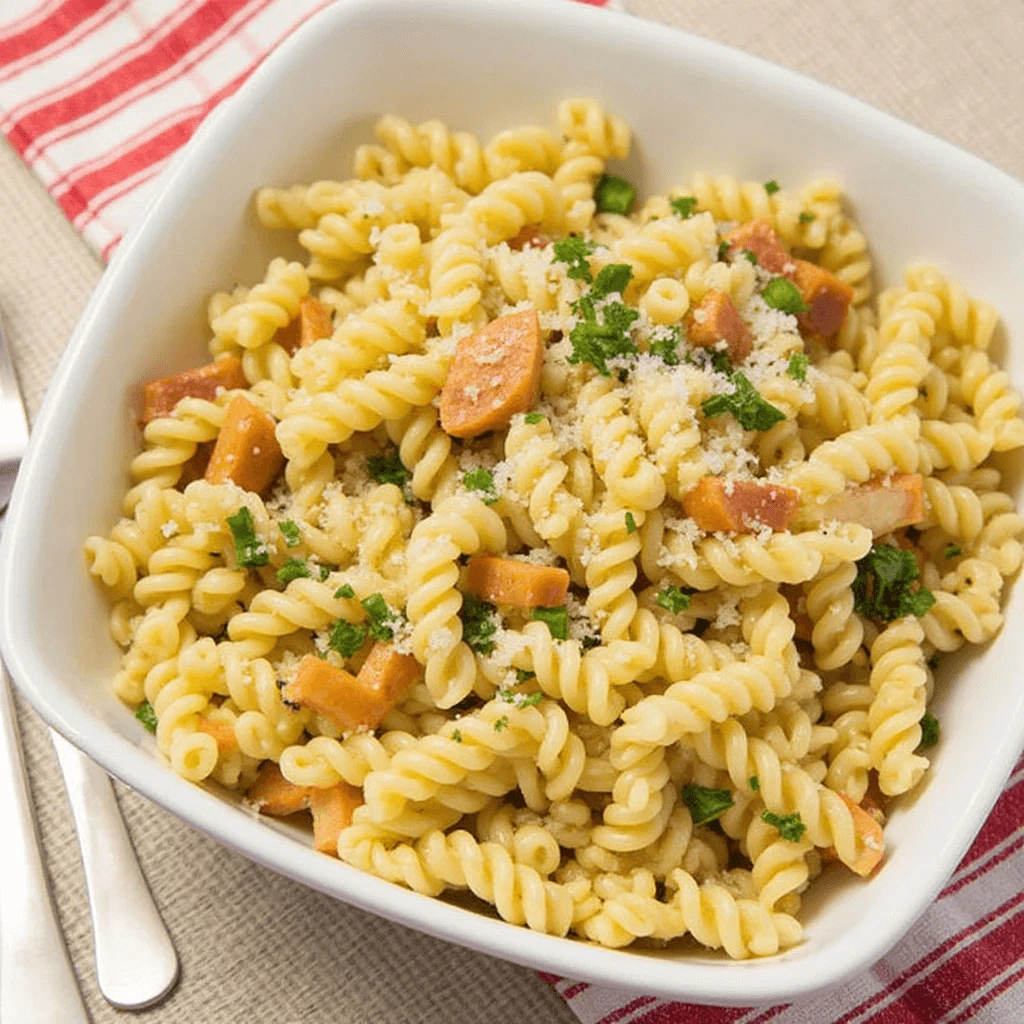 Close-up of creamy Greek pasta salad tossed with olive oil and herbs