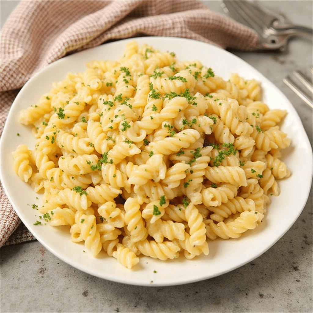 Bowl of Greek pasta salad served on a table with lemon wedges and fresh herbs