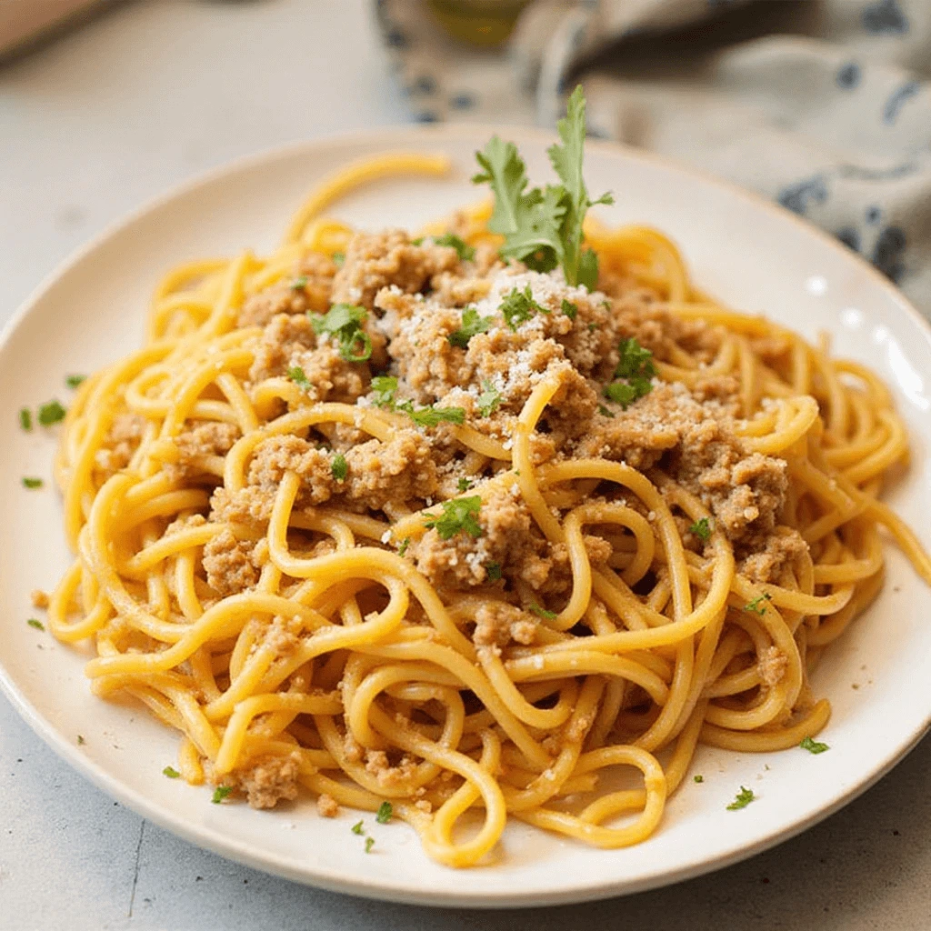 Cooked spaghetti being tossed with ground beef sauce in a skillet