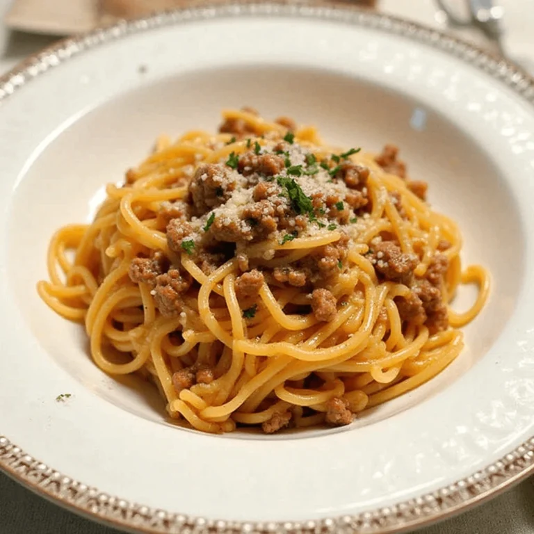 Serving bowl of spaghetti Recipe with ground beef, garlic bread on the side, and fresh herbs