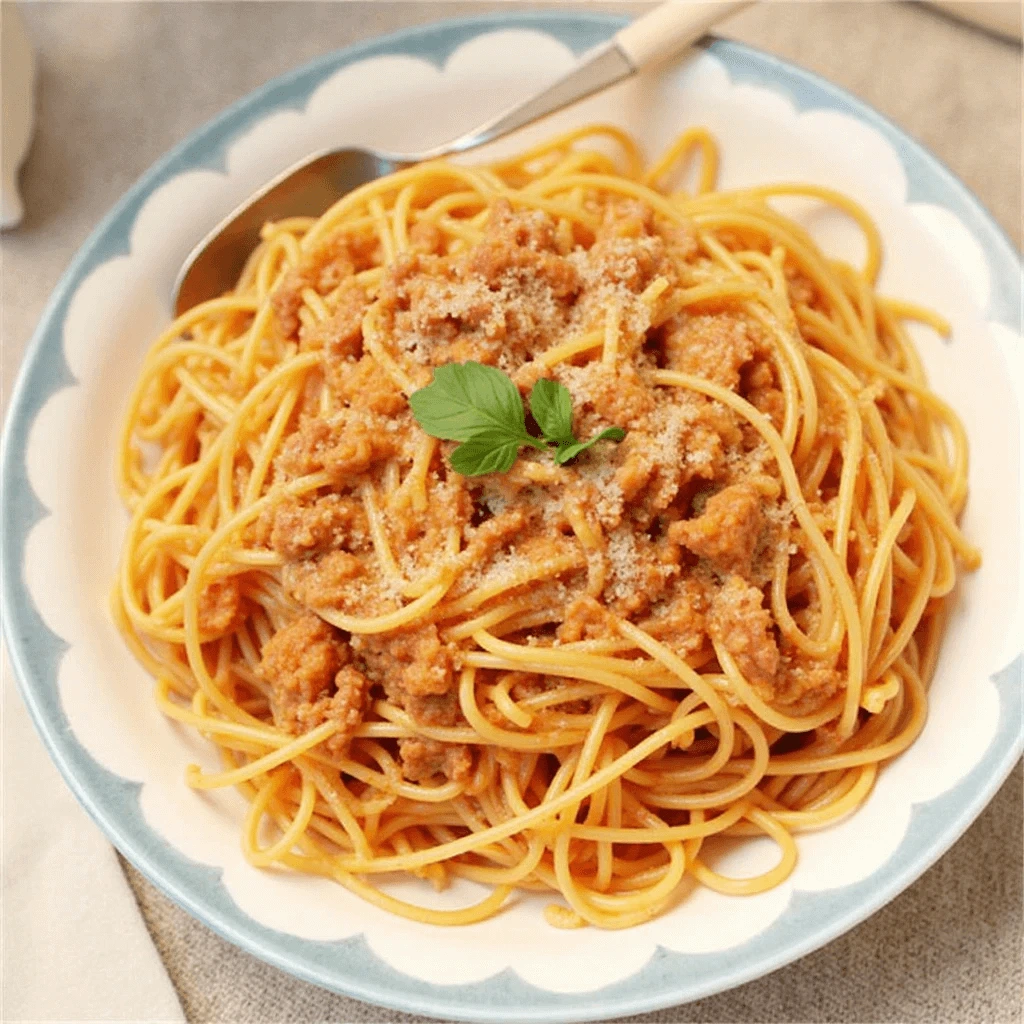 Plate of spaghetti with rich ground beef tomato sauce garnished with Parmesan and parsley