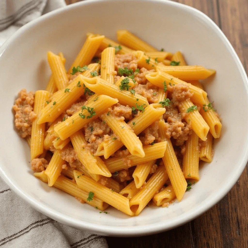 Bowl of penne pasta with minced meat served with grated Parmesan and herbs