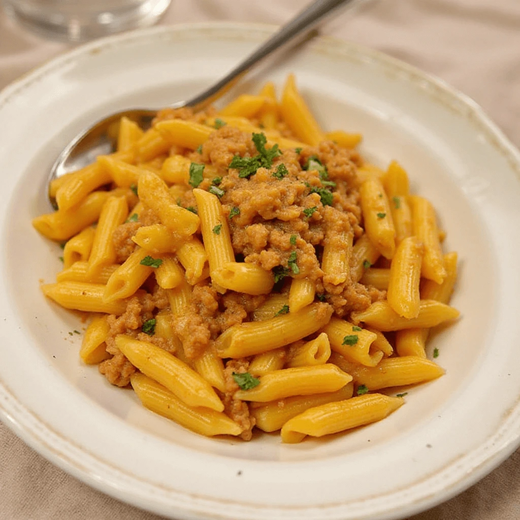 Close-up of penne pasta with minced meat in a skillet, simmering in sauce