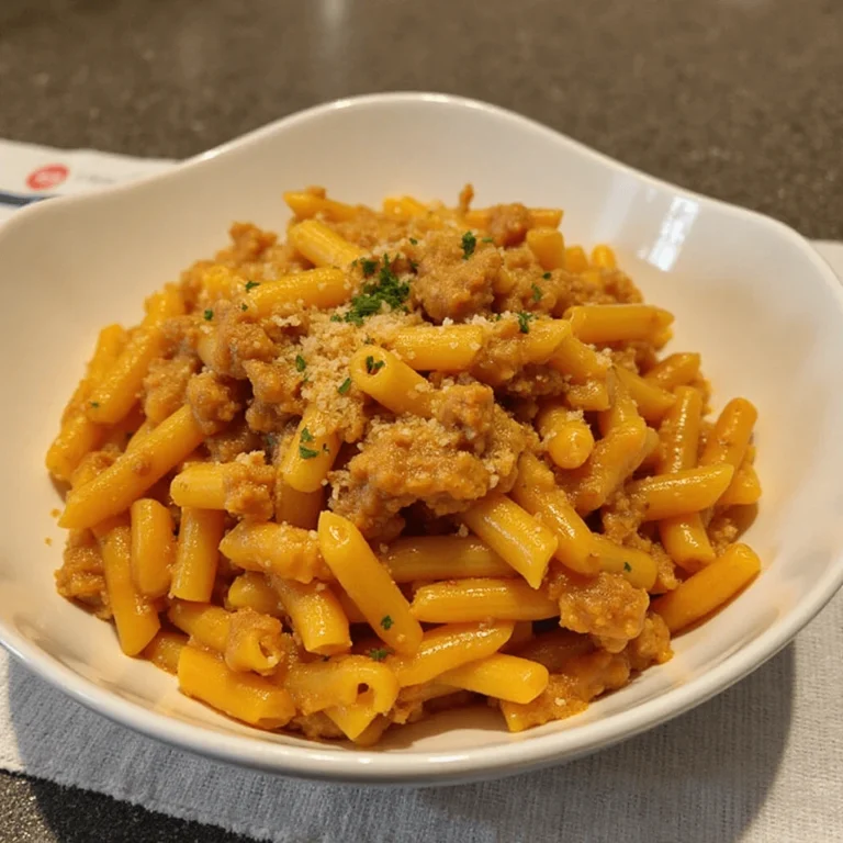 Plate of penne pasta with minced meat and tomato sauce garnished with fresh basil