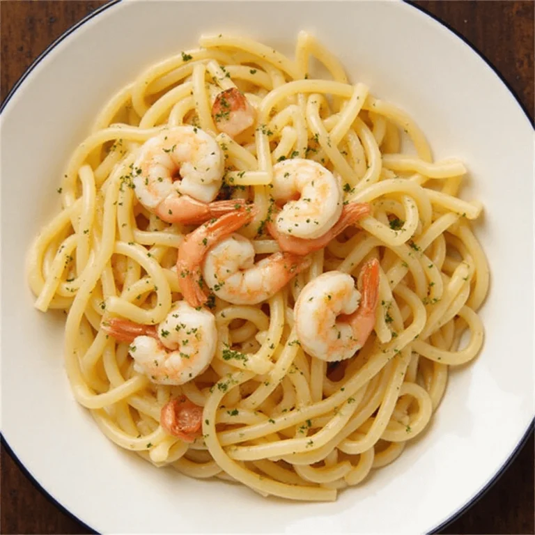 Close-up of Shrimp Scampi Pasta Recipe with garlic butter sauce and fresh parsley