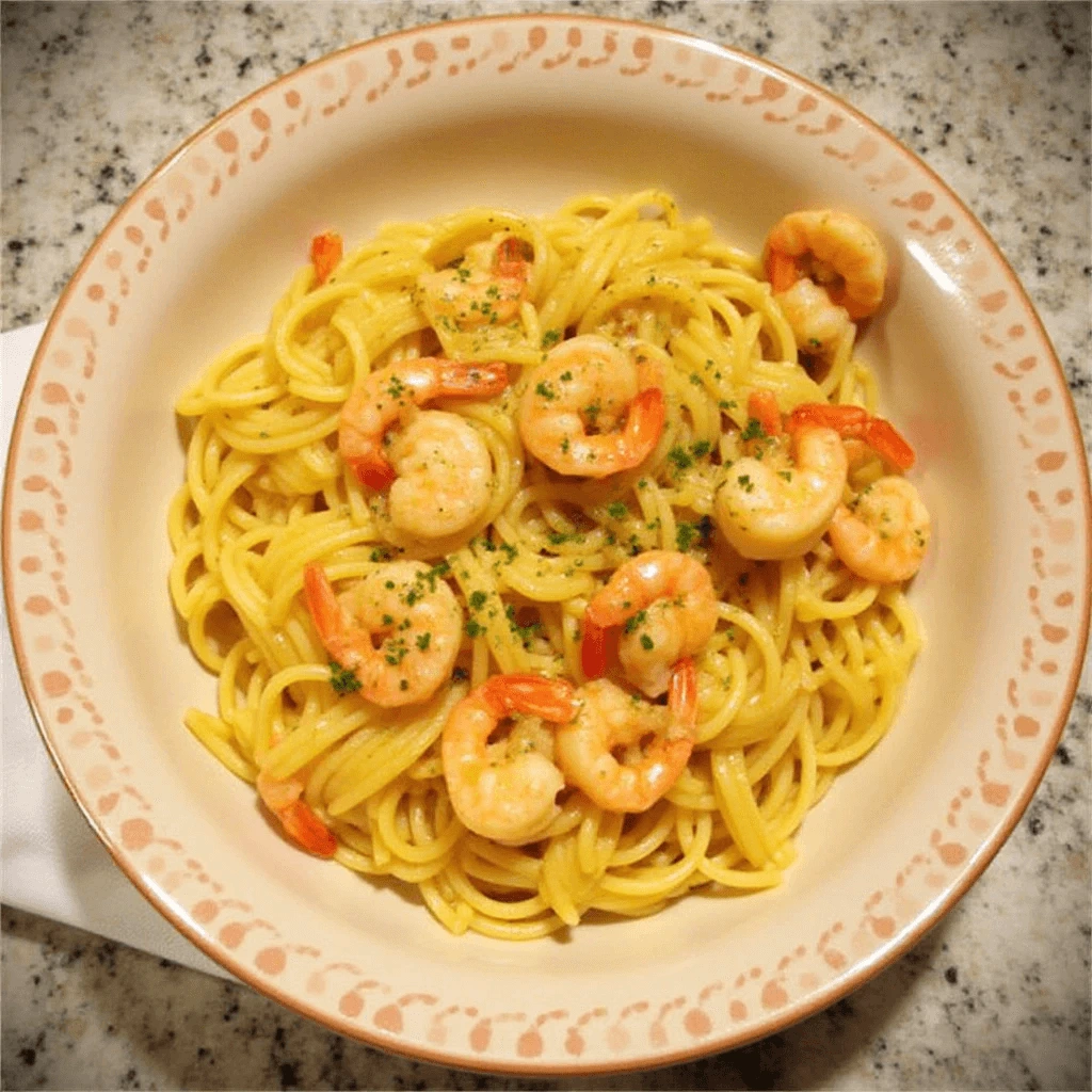 Served Shrimp Scampi Pasta Recipe with garlic bread on a table