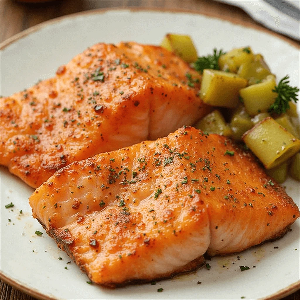 Air Fryer Salmon Served with Vegetables and Lemon
