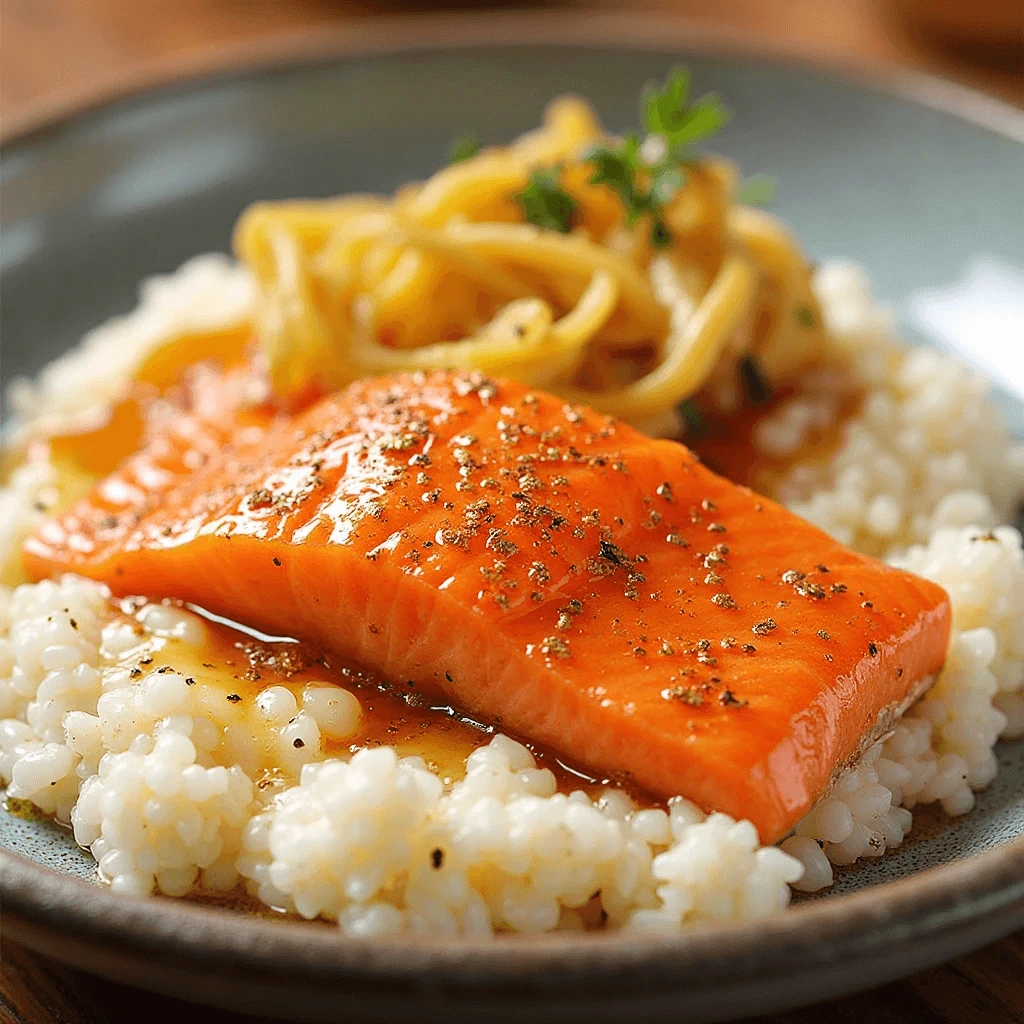 Honey glazed salmon fillet served with fluffy white rice and fresh green broccoli on a plate