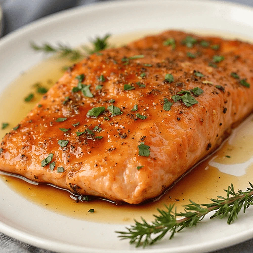 Honey glazed salmon served with rice and steamed vegetables.