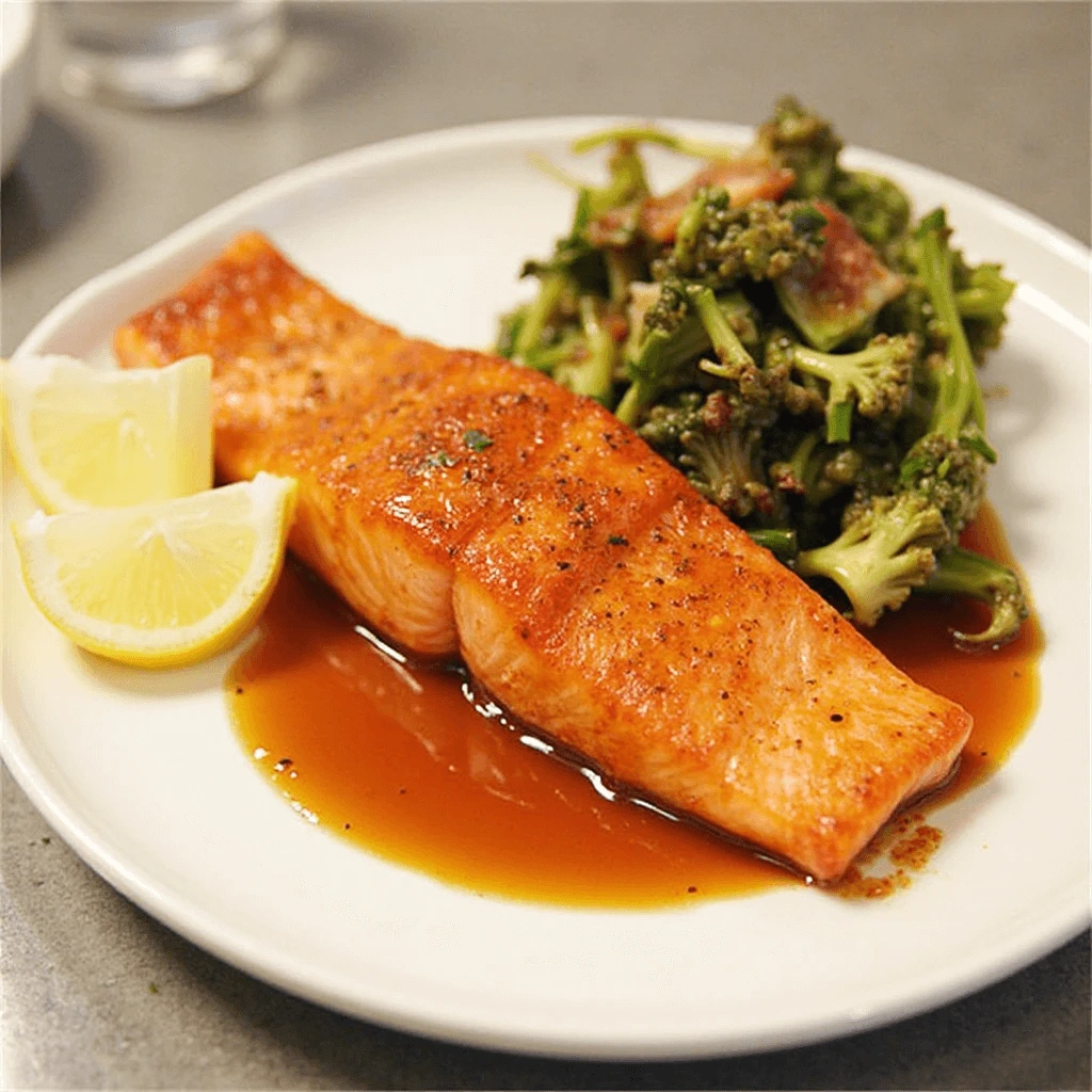 Honey Glazed Salmon fillets sizzling in a pan coated with a rich honey garlic glaze.